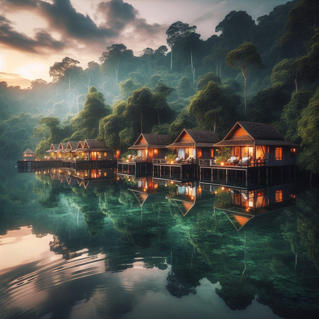 Cambodia Jungle Pier Villas Over River Reflection