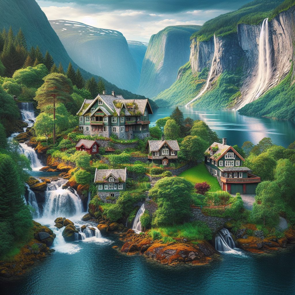 Norway Waterfall Villas Beside Flowing Fjord Streams